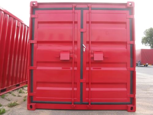 20´- Lagercontainer mit kompletter Einbruchsicherung - lackiert in RAL 3020 Verkehrsrot